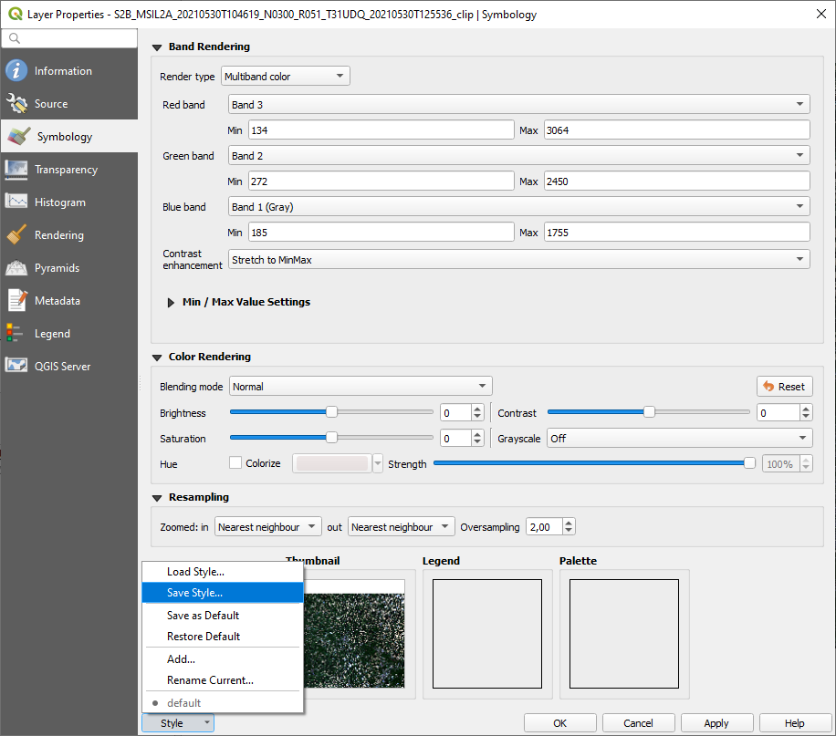 Capture d'écran du menu "Symbology". En bas à gauche, le menu "Style" permet de charger ou d'enregistrer un style.