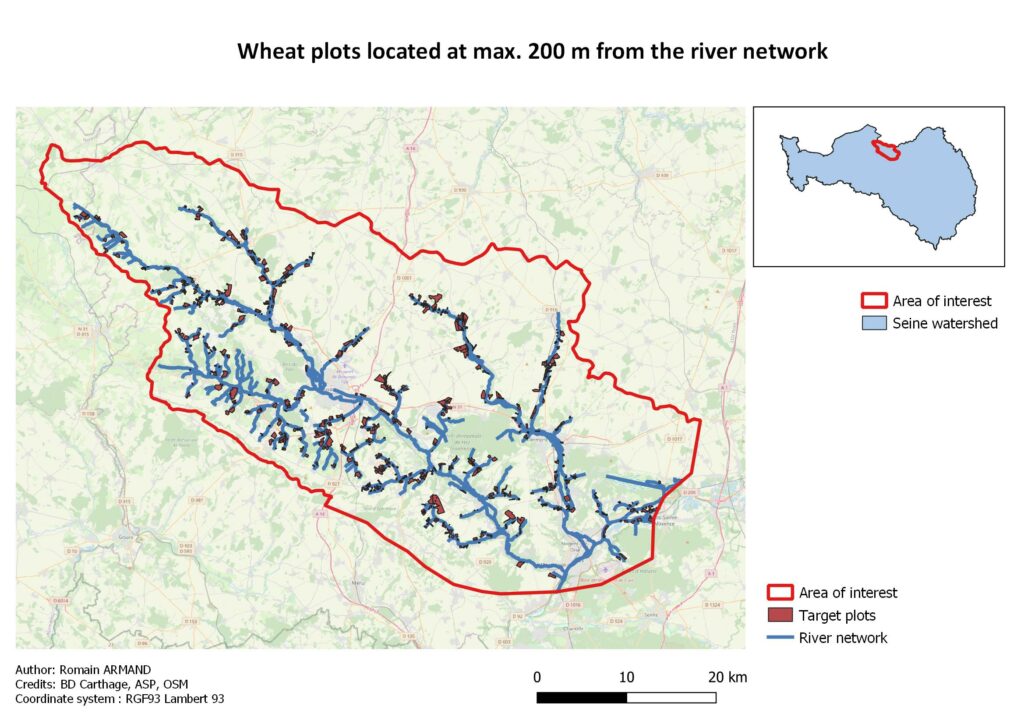 The picture represent a layout with 2 maps : a small that indicates the location of the area of interest, a large one with the plots that may contaminate the rivers with fertilizers
