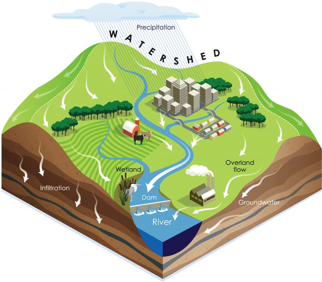 The image describe a watershed with the different surface and underground fluxes